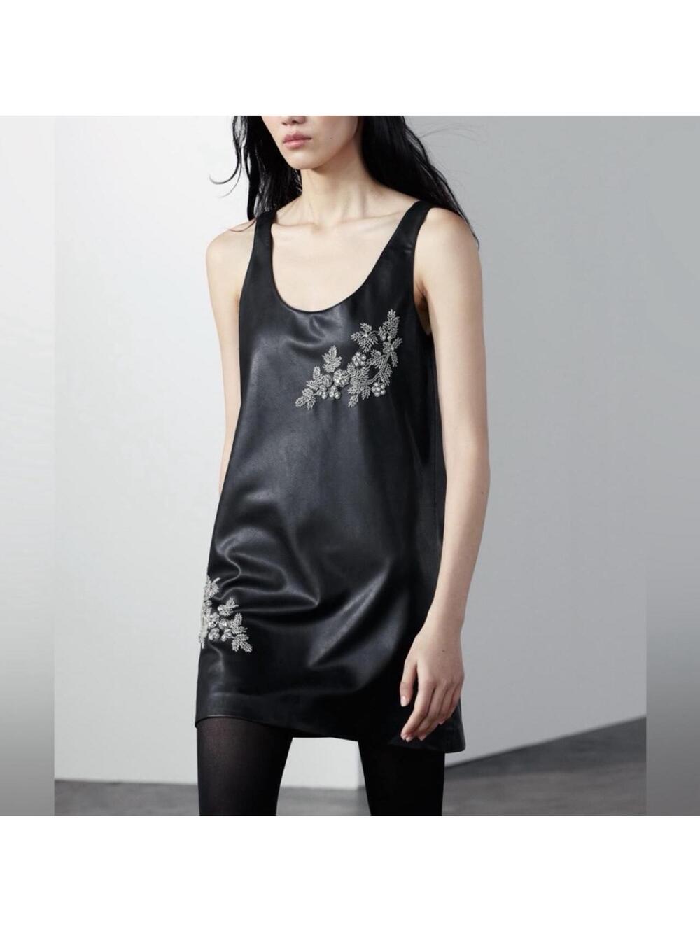 Zara black faux-leather silver beaded and embroidered floral appliqués